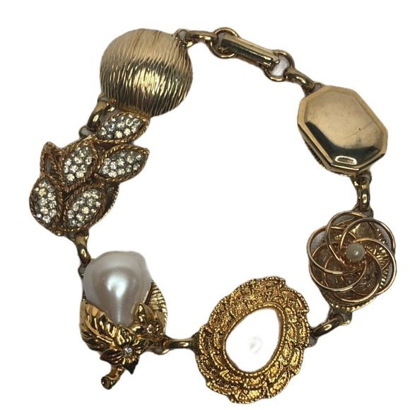 Vintage Earring Bracelet Five Links Gold Tone Pearl Rhinestone - Picture 4 of 5